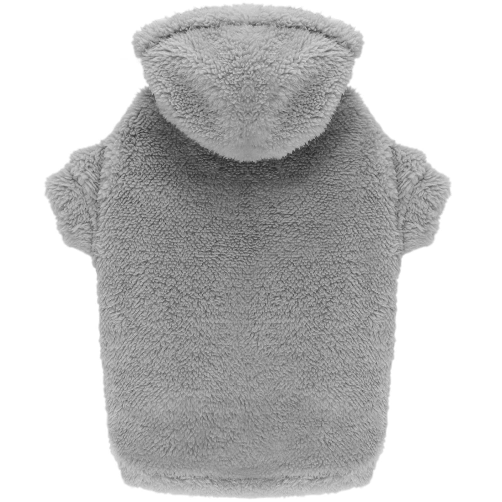 Stpiatue dog hoodie grey front view showcasing cozy fleece warmth for cold walks.