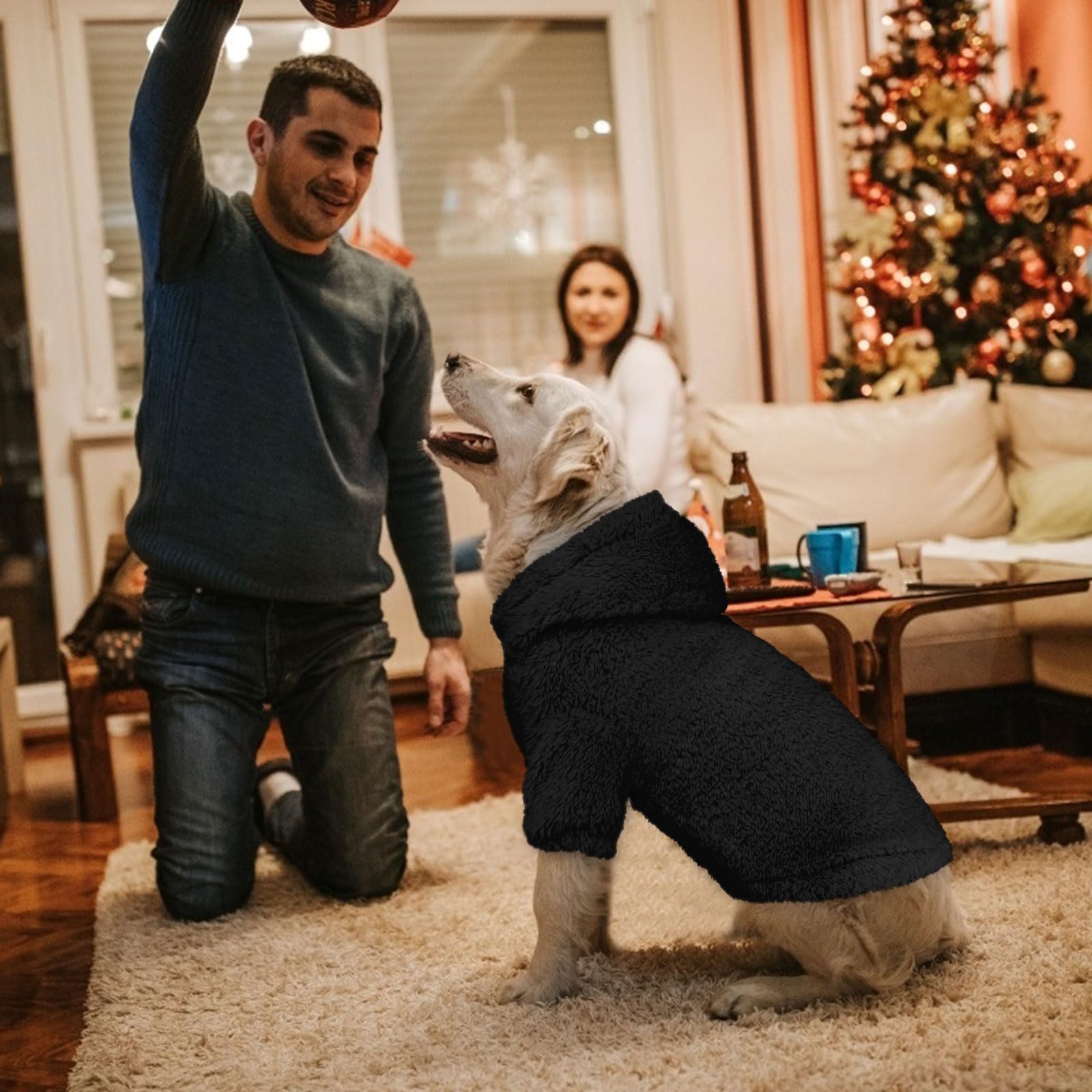 Stpiatue dog hoodie close-up plush fleece for cozy, skin-friendly comfort.