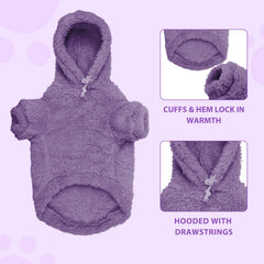 Stpiatue dog hoodie purple sleeve cuffs closeup emphasizes snug fit and durability