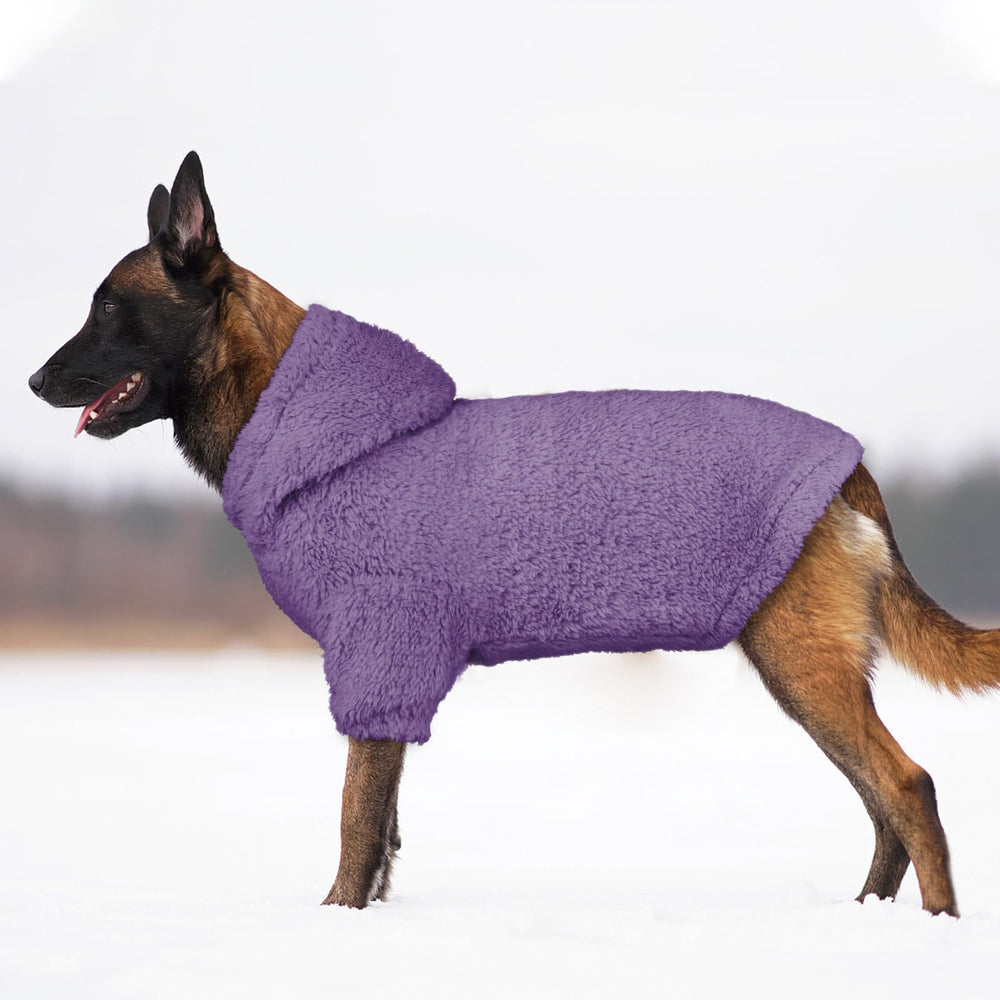 Stpiatue dog hoodie purple washable fabric illustrates easy care and long lasting shape