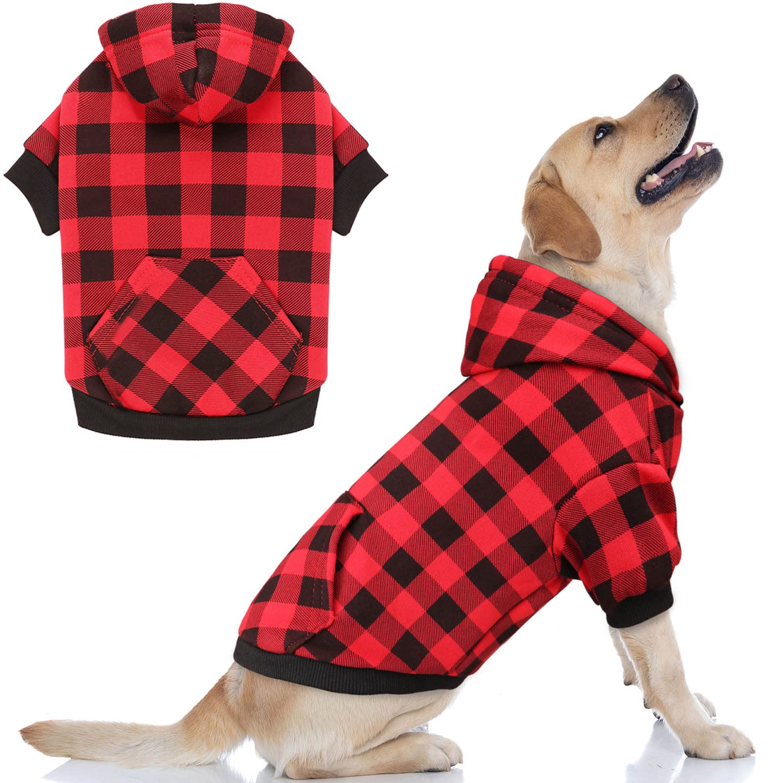 Stpiatue dog hoodie XL in red buffalo plaid for warm, comfortable walks