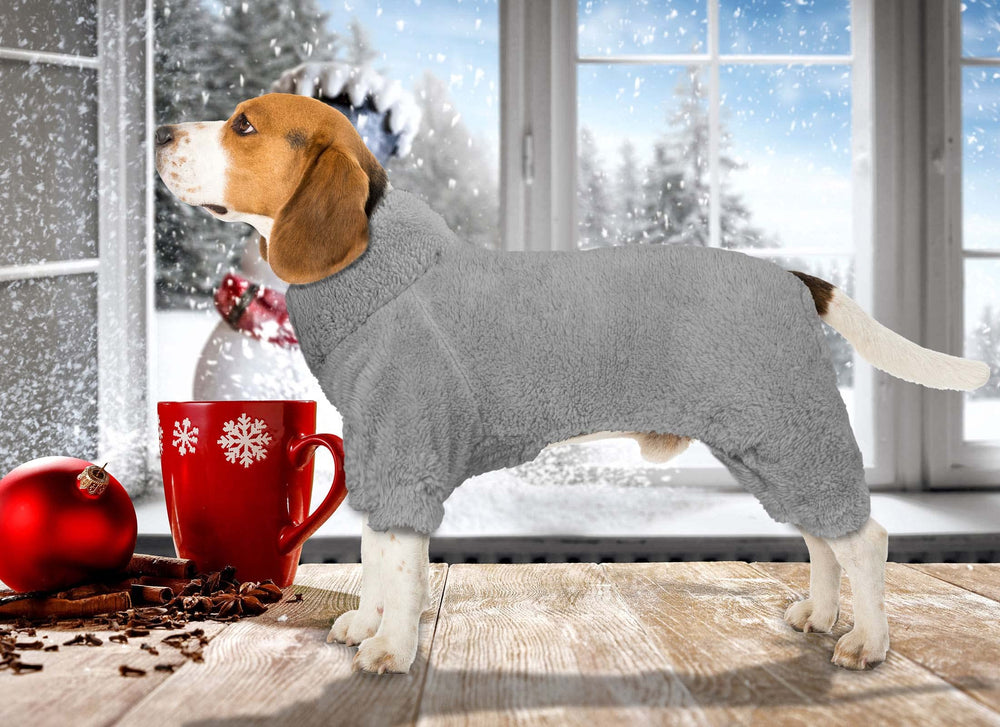 Stpiatue fuzzy-dog-pajamas-back shows turtleneck warmth for outdoor comfort.