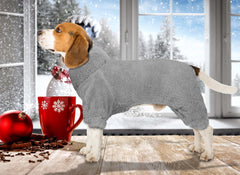 Stpiatue fuzzy-dog-pajamas-back shows turtleneck warmth for outdoor comfort.