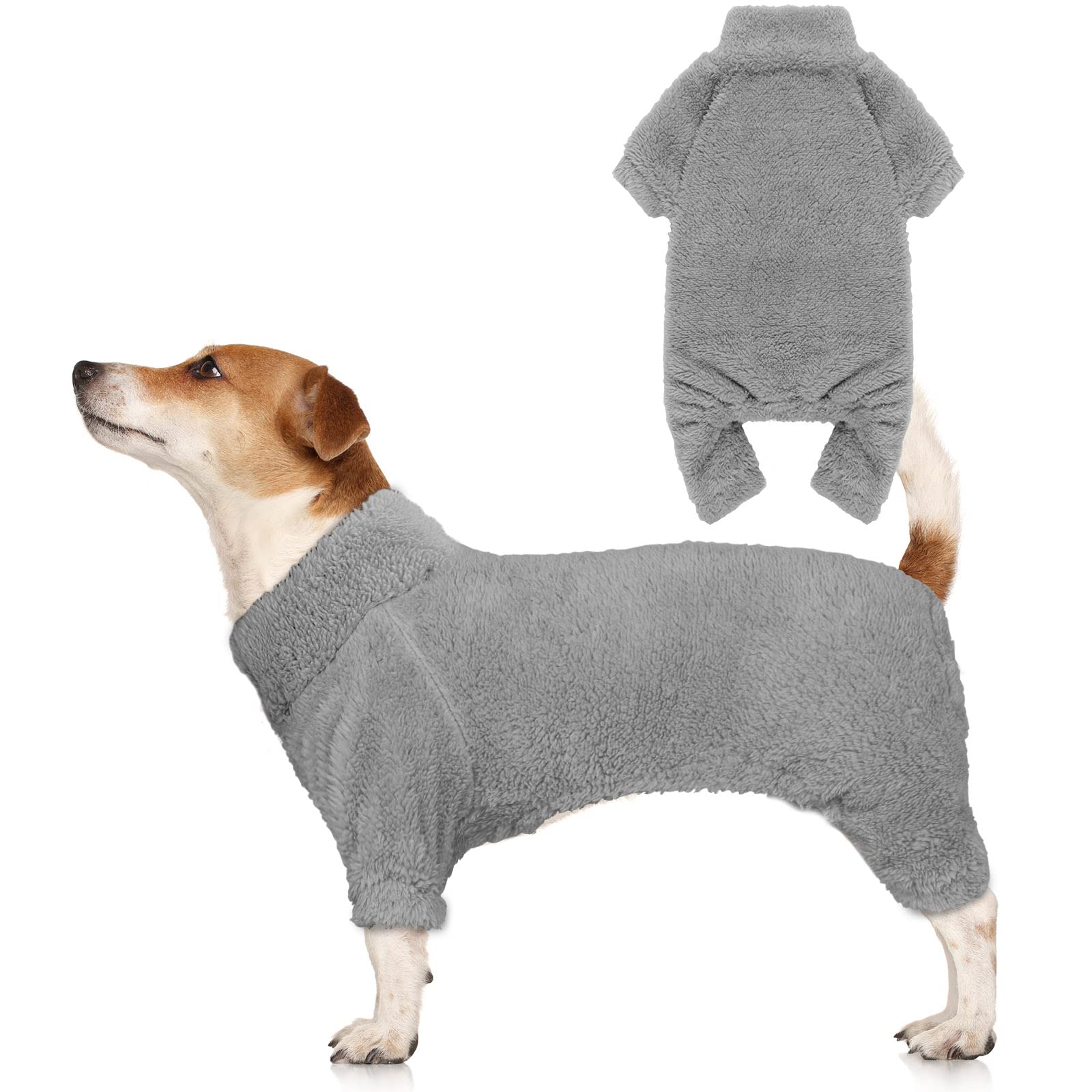 Stpiatue fuzzy-dog-pajamas-front keeps medium dogs warm on chilly days.