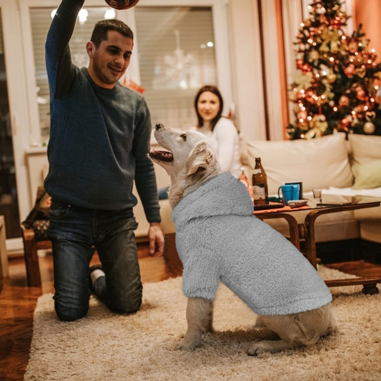 Stpiatue fuzzy dog sweater grey XL worn on dog lifestyle warmth