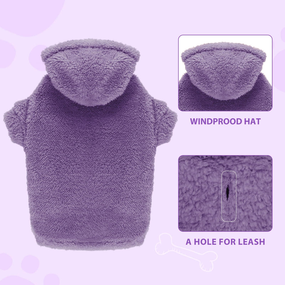 Stpiatue fuzzy dog sweater purple plush fleece closeup showcases softness and comfort