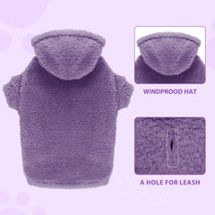 Stpiatue fuzzy dog sweater purple plush fleece closeup showcases softness and comfort