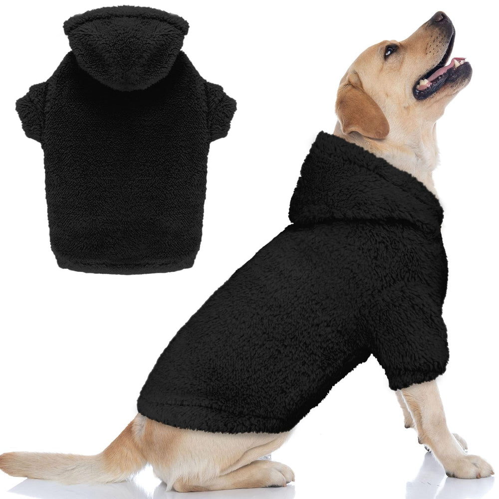 Stpiatue fuzzy dog sweater XL black hoodie worn by a large dog for warmth.