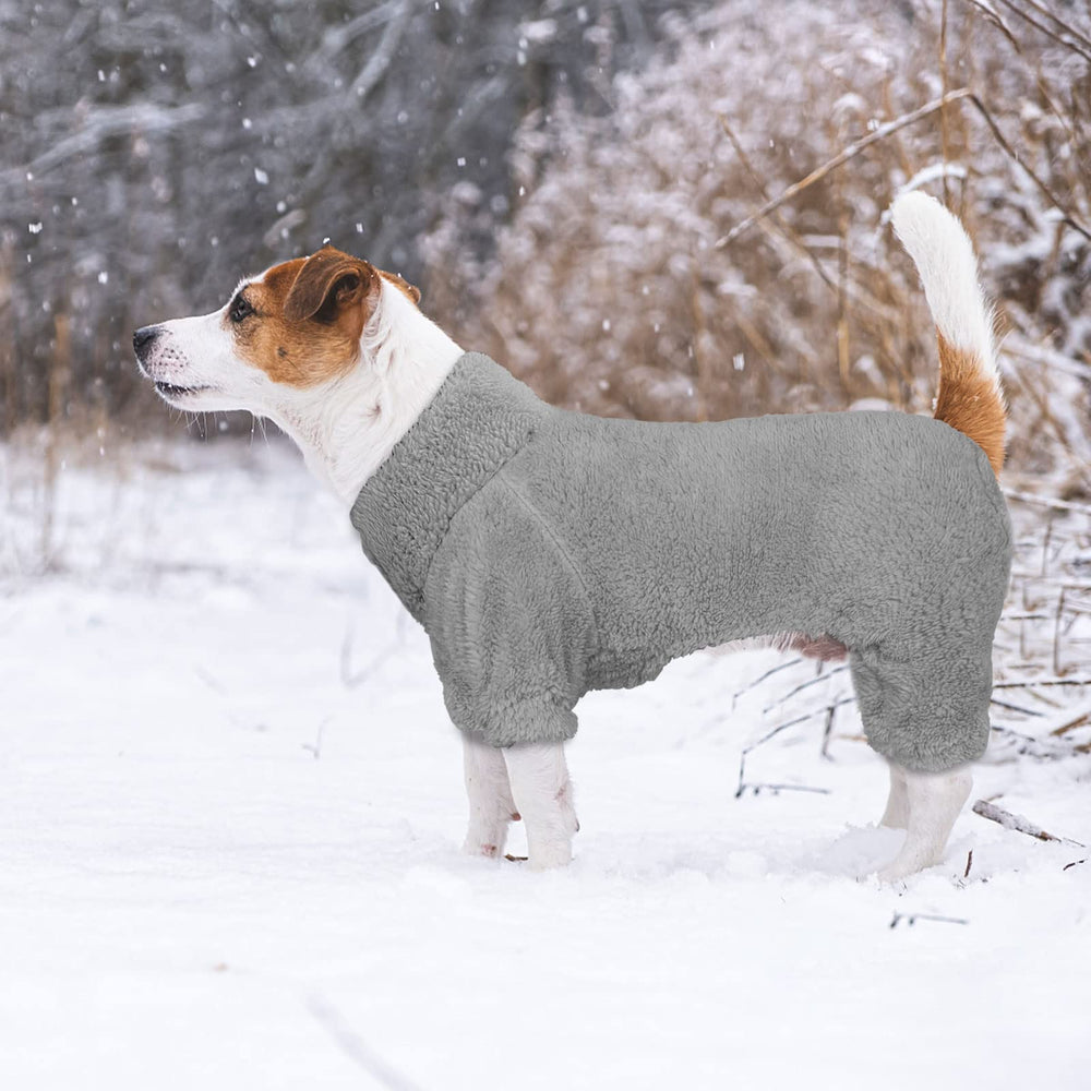 Stpiatue-grey-medium-dog-pajamas-model demonstrates size and soft texture.