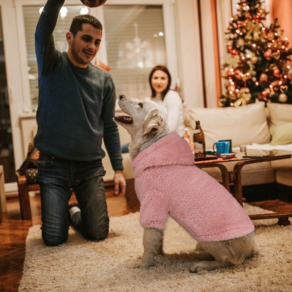 Stpiatue pink XL dog hoodie back view showcases soft plush fleece warmth.