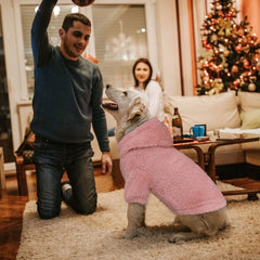 Stpiatue pink XL dog hoodie back view showcases soft plush fleece warmth.