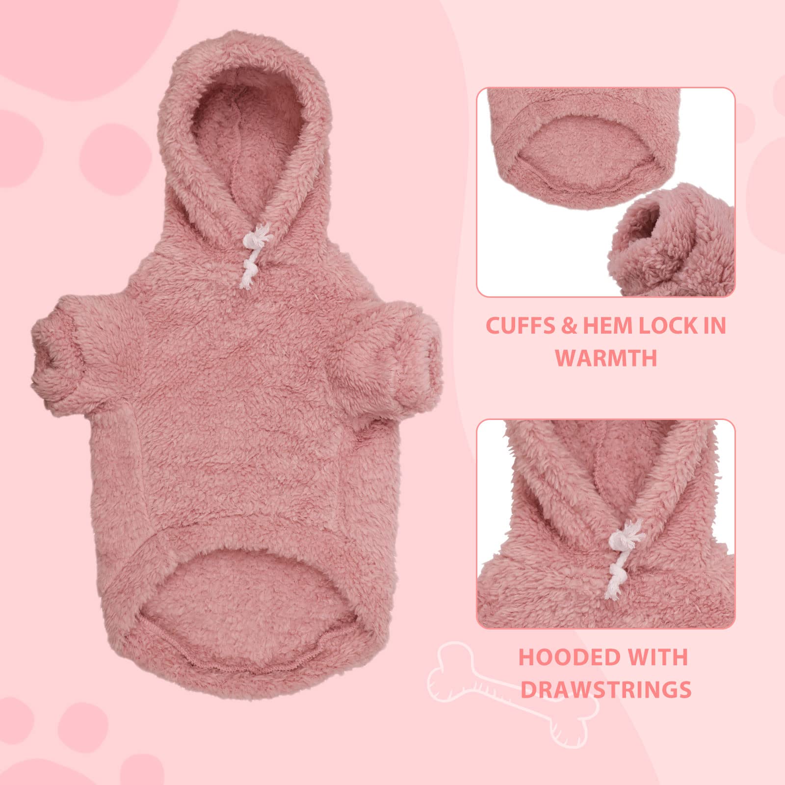 Stpiatue pink XL dog hoodie closeup fleece texture enhances cozy comfort.