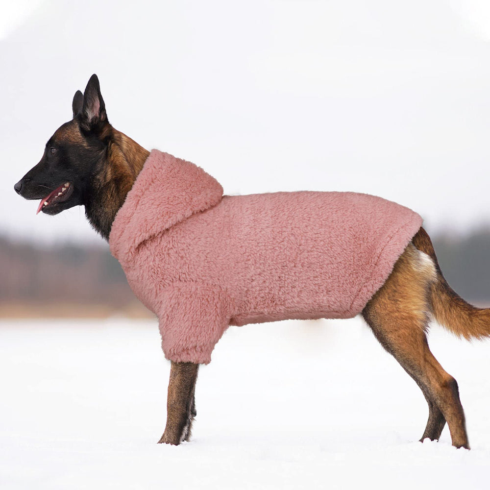 Stpiatue pink XL dog hoodie size chart image helps proper fit.