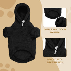 Stpiatue XL dog wearing sweater front view shows secure stretchy cuffs.