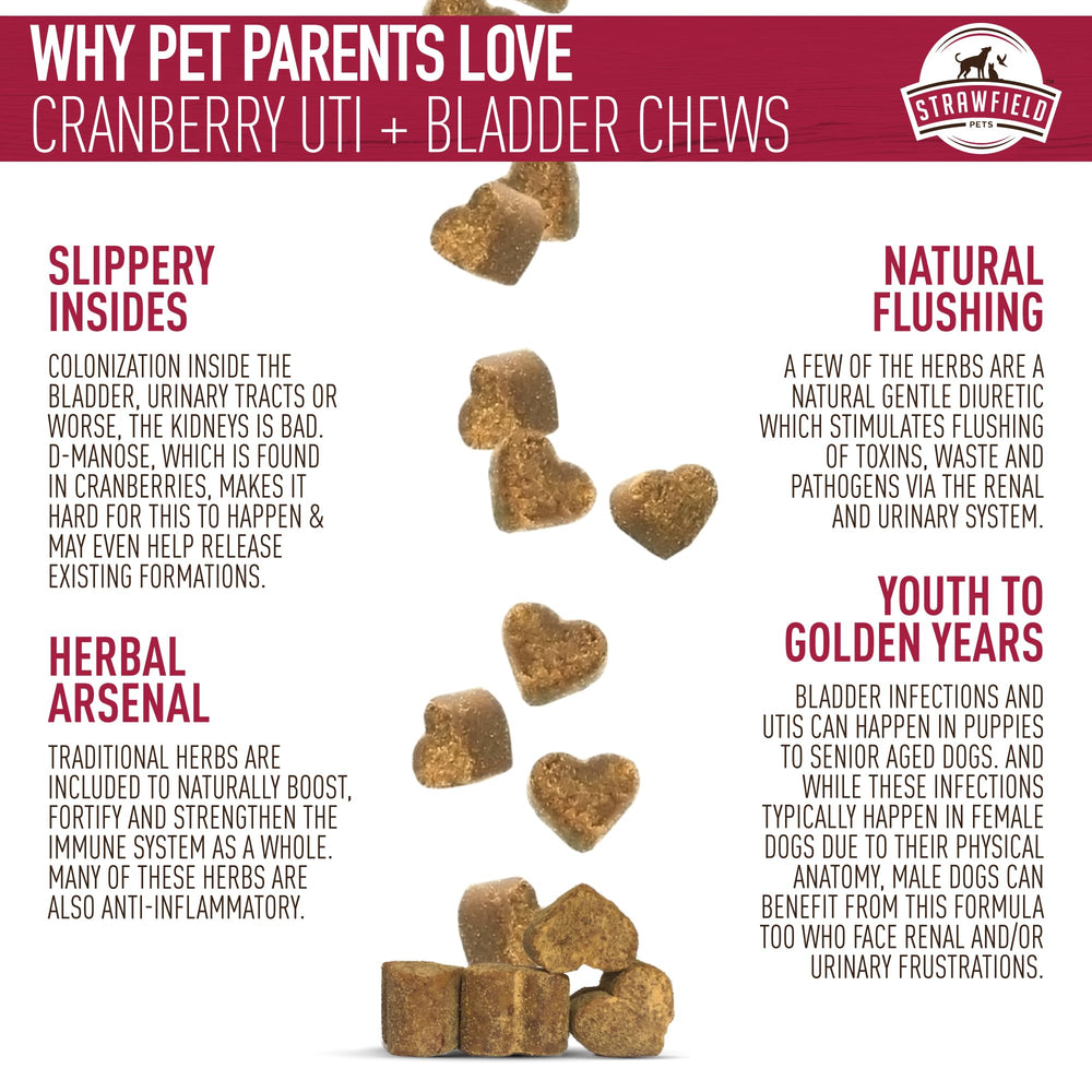 Strawfield Pets Cranberry Bladder & UTI Chews D-Mannose closeup highlights urinary-support ingredient.