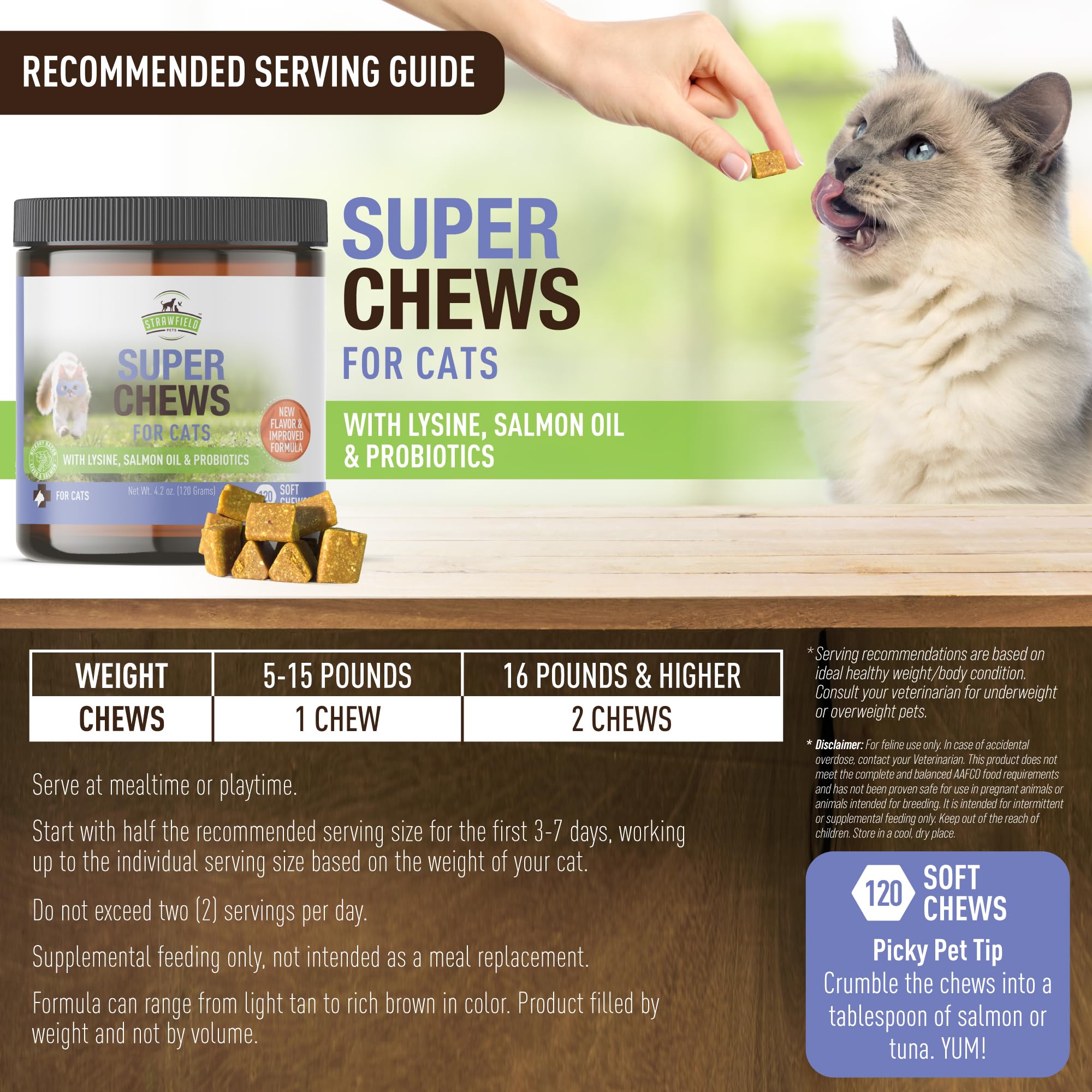Strawfield Pets Super Chews lysine shot highlights immune-supporting amino acid for upper respiratory comfort.