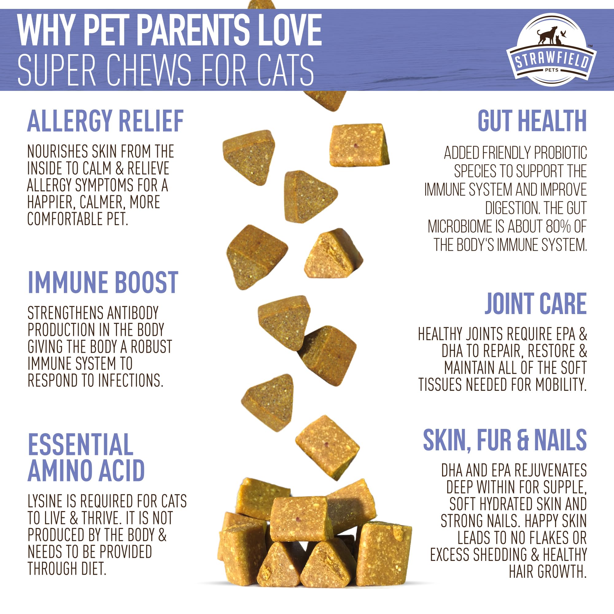 Strawfield Pets Super Chews salmon oil bottle showcases omega-3 for coat and skin health.