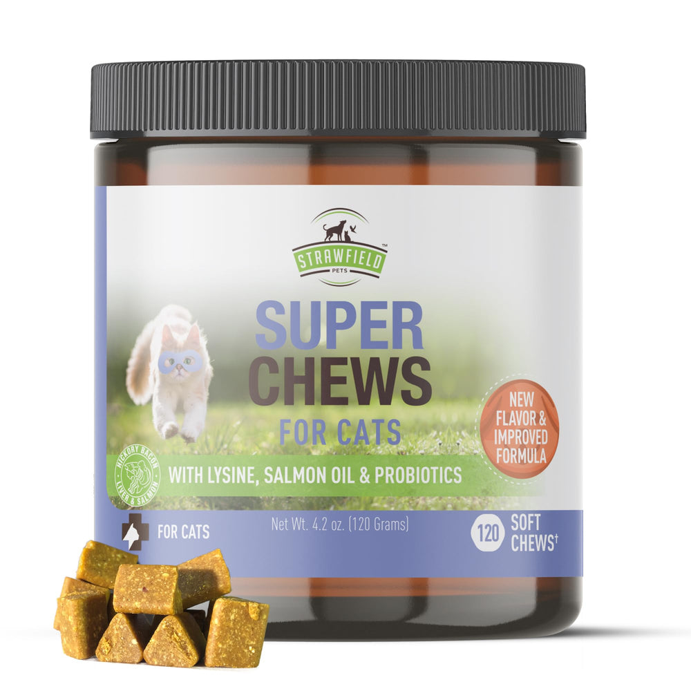 Strawfield Pets Super Chews for Cats treats tin closeup highlighting immune-supporting nutrition.