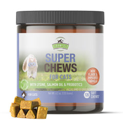 Strawfield Pets Super Chews for Cats treats tin closeup highlighting immune-supporting nutrition.