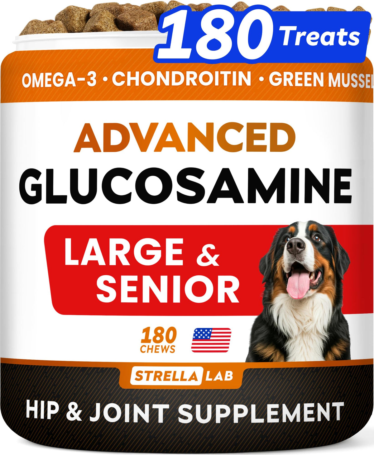 STRELLALAB Advanced Glucosamine dog bottle supports ongoing joint comfort for active pets