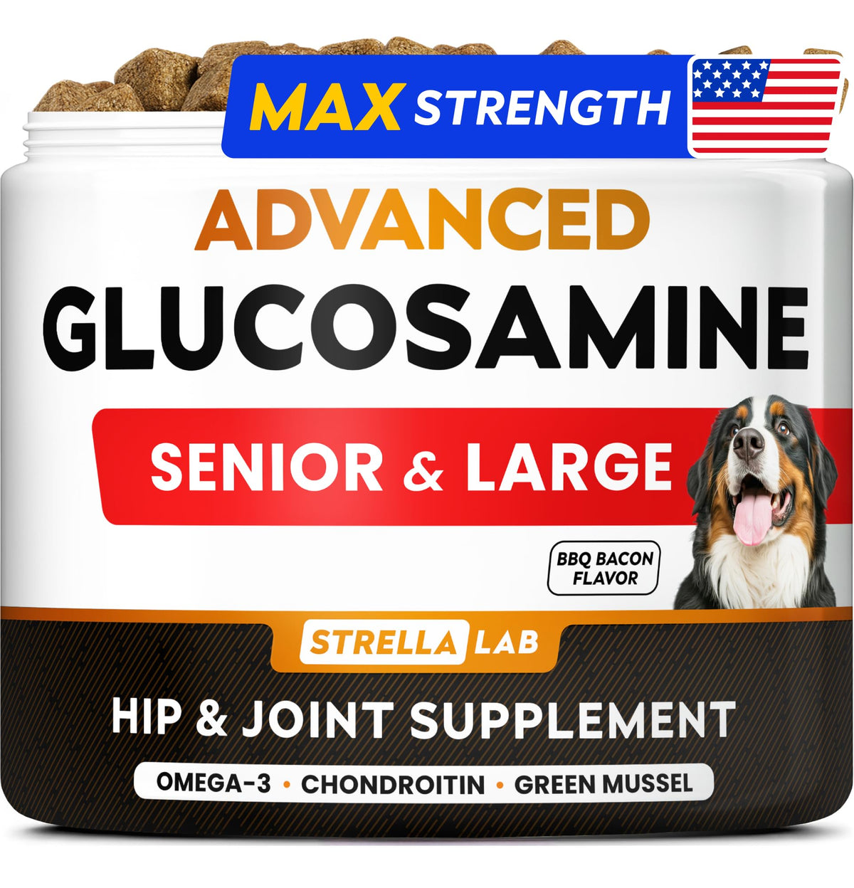 STRELLALAB bottle closeup showing advanced glucosamine chews for mobility support.