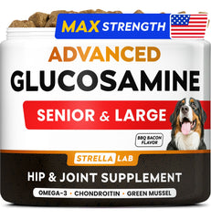 STRELLALAB bottle closeup showing advanced glucosamine chews for mobility support.