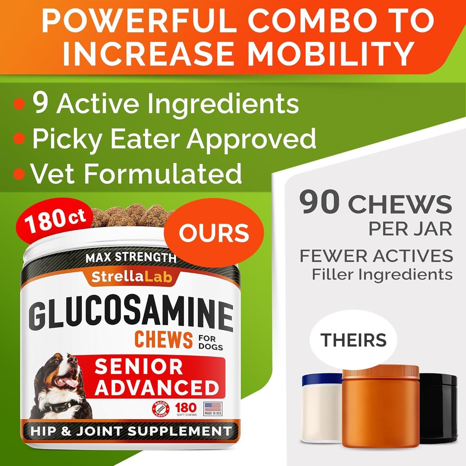 STRELLALAB bacon-flavor dog joint chews in pack ideal for picky seniors.