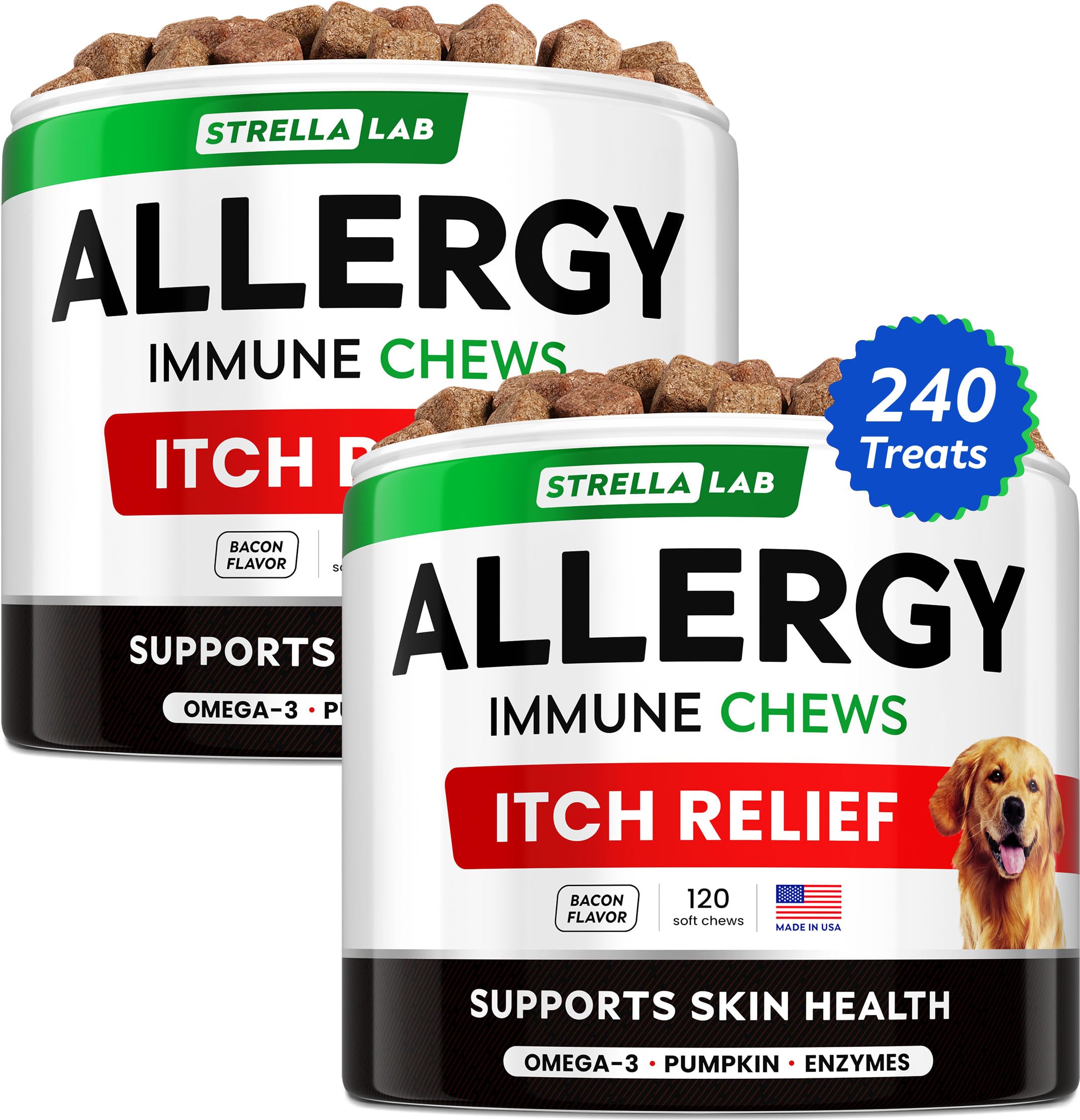 STRELLALAB dog allergy chews bottle highlights real ingredients and potential itch relief for seasonal flare-ups.