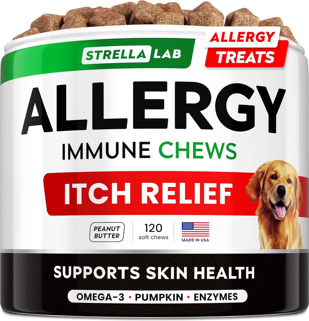 STRELLALAB dog-allergy-chews-bottle: convenient immune-support chew for seasonal allergies.