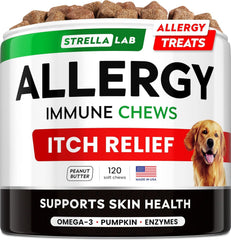 STRELLALAB dog-allergy-chews-bottle: convenient immune-support chew for seasonal allergies.