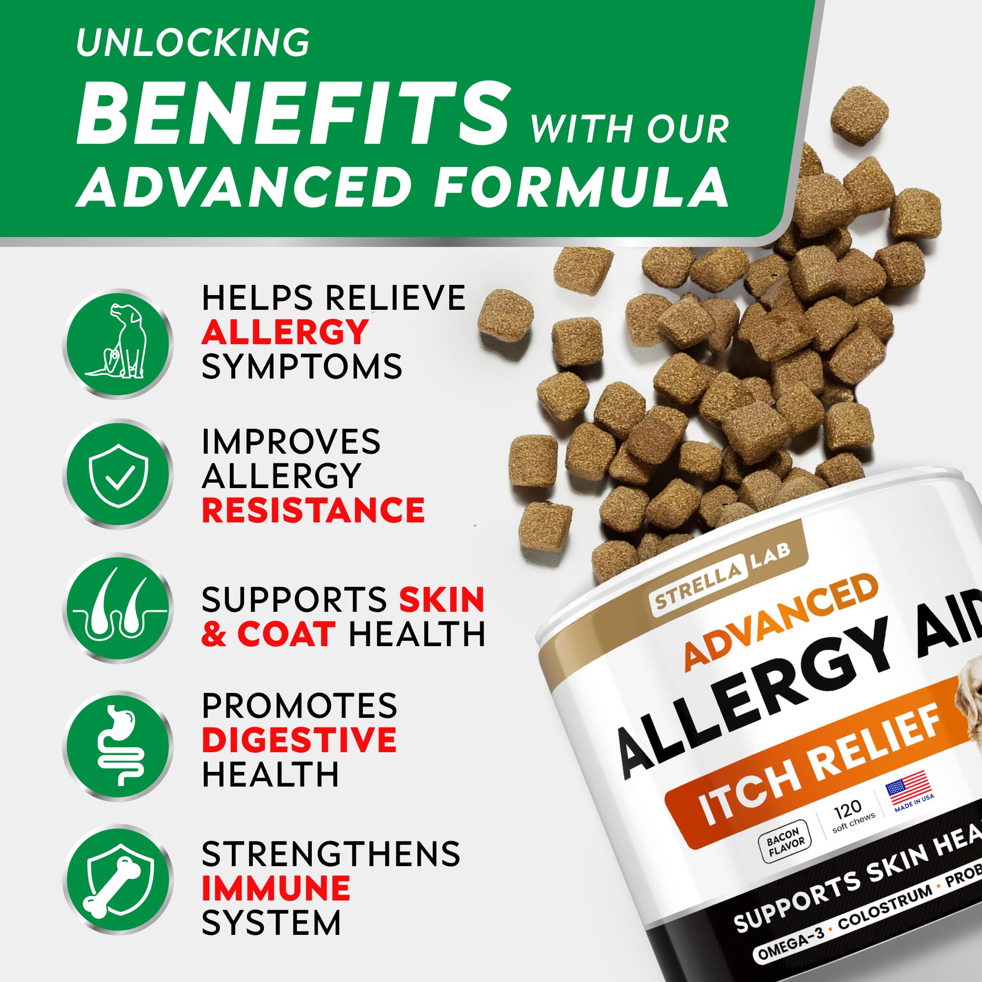 STRELLALAB Dog Allergy Relief Chews close-up shows easy-to-chew bites for dogs of all sizes.
