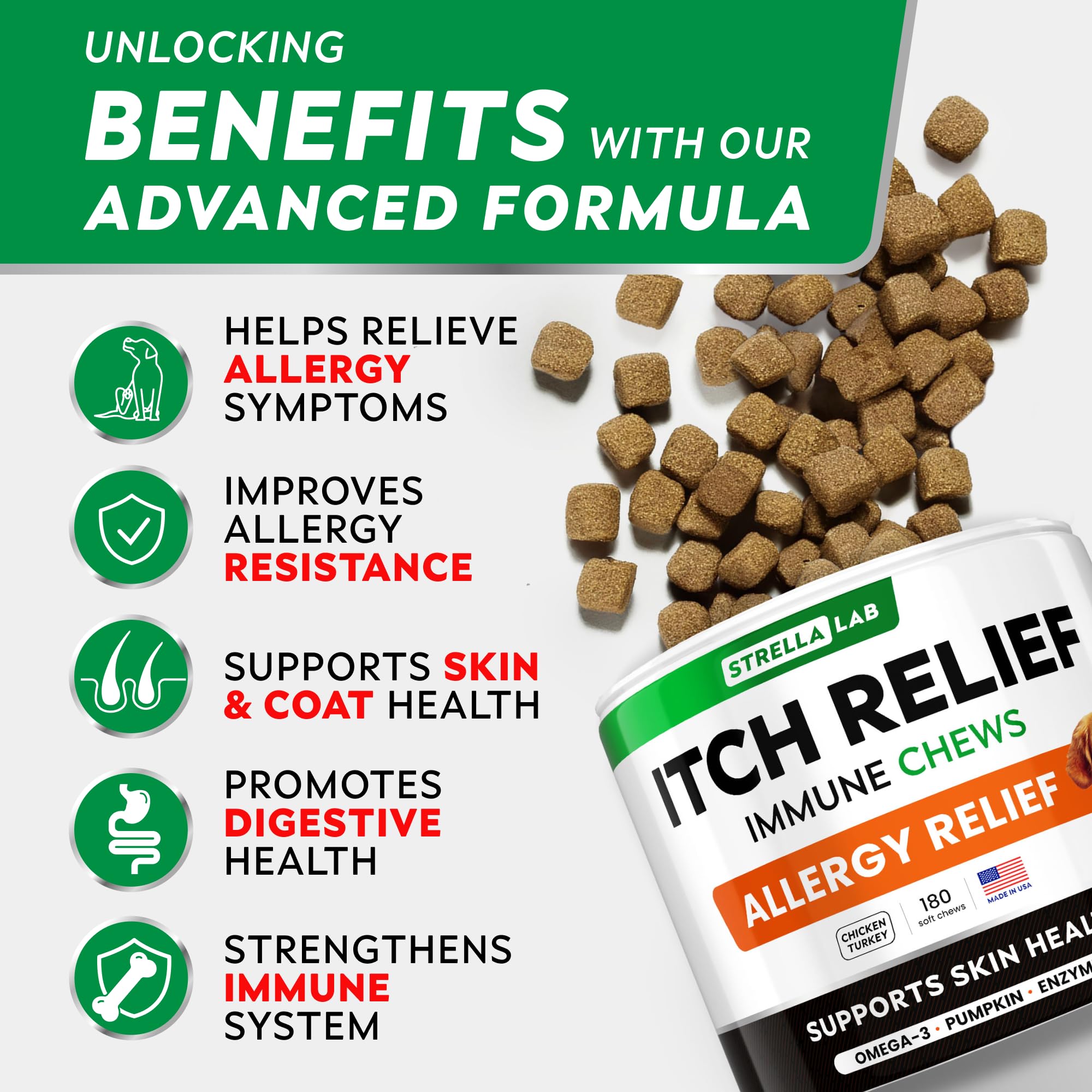 STRELLALAB dog allergy relief chews ingredients closeup highlights omega-3 benefits for coat health.