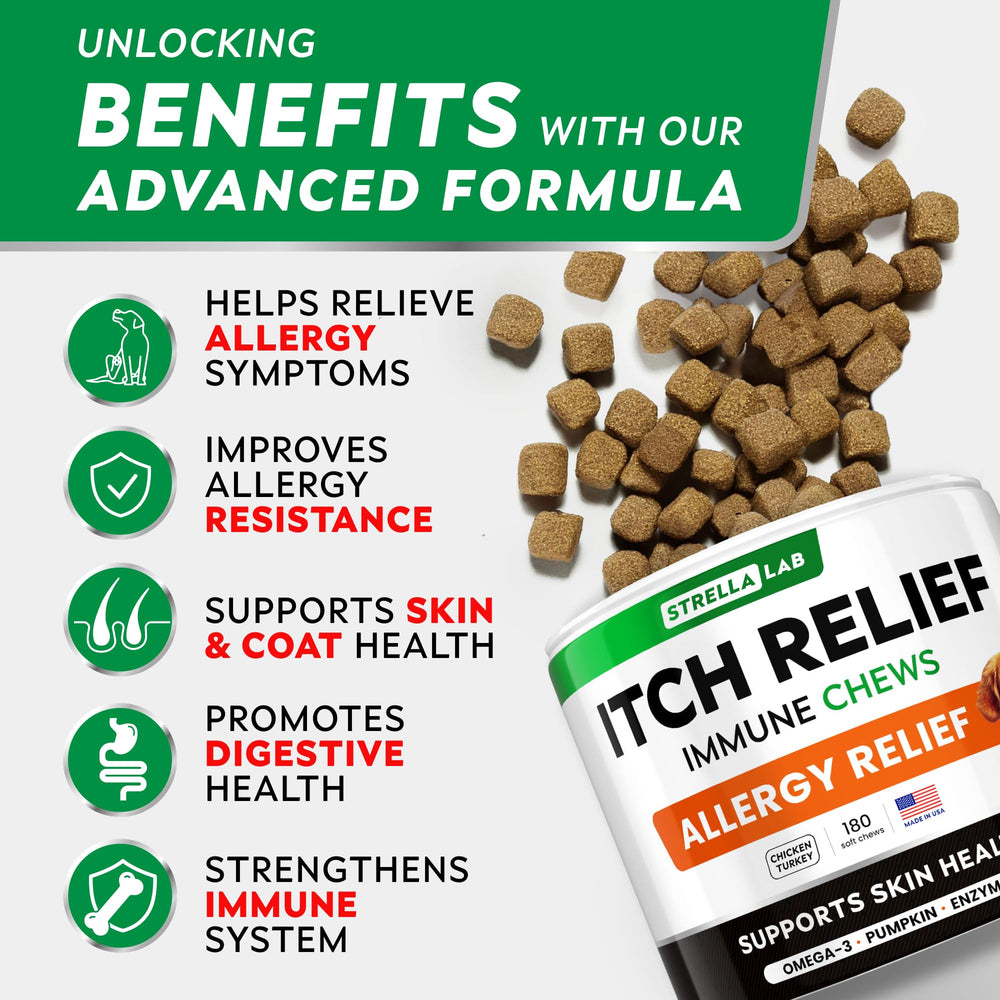 STRELLALAB dog allergy relief chews ingredients closeup highlights omega-3 benefits for coat health.