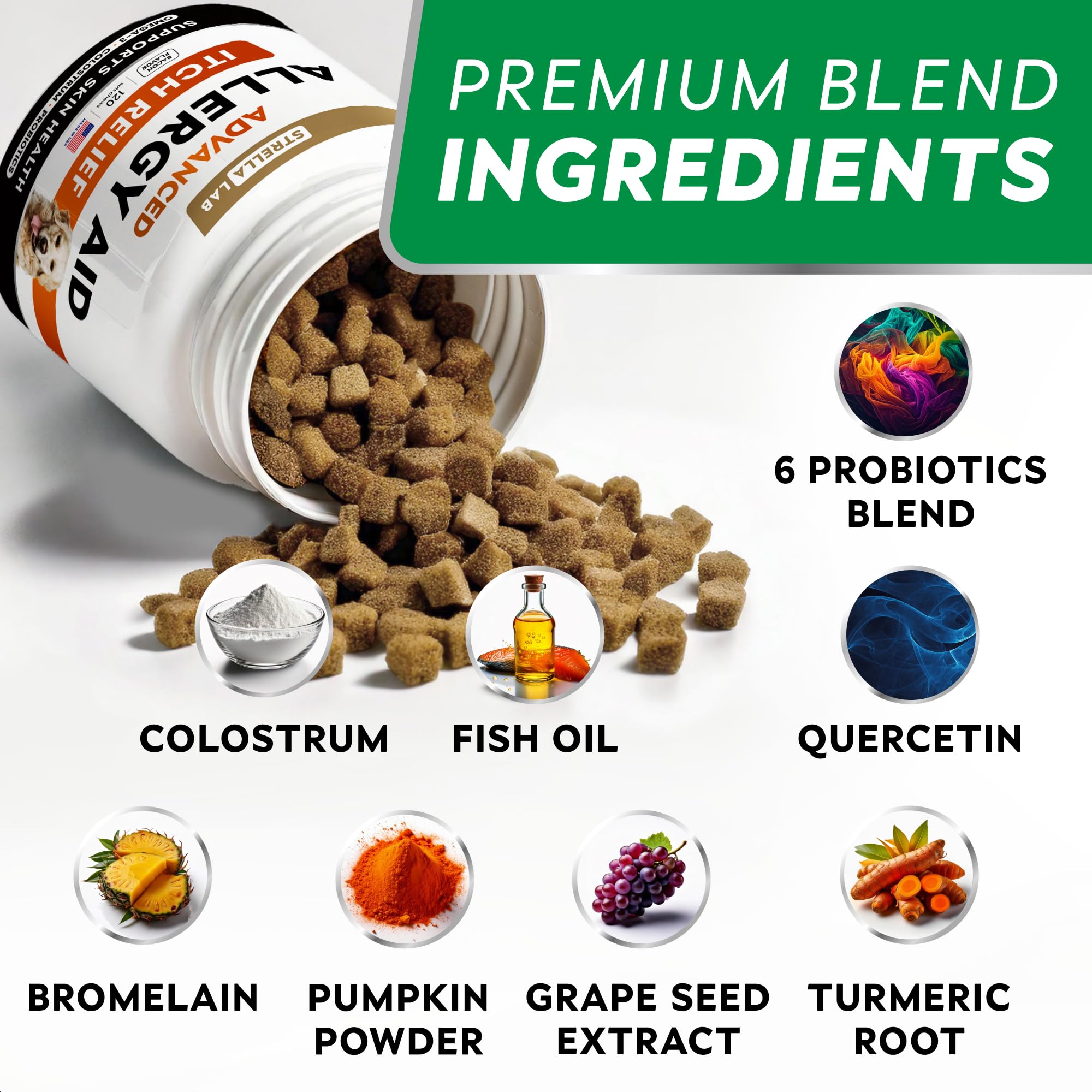STRELLALAB Dog Allergy Relief Chews ingredients panel highlights fish oil and pumpkin for skin support.