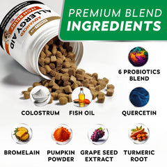 STRELLALAB Dog Allergy Relief Chews ingredients panel highlights fish oil and pumpkin for skin support.