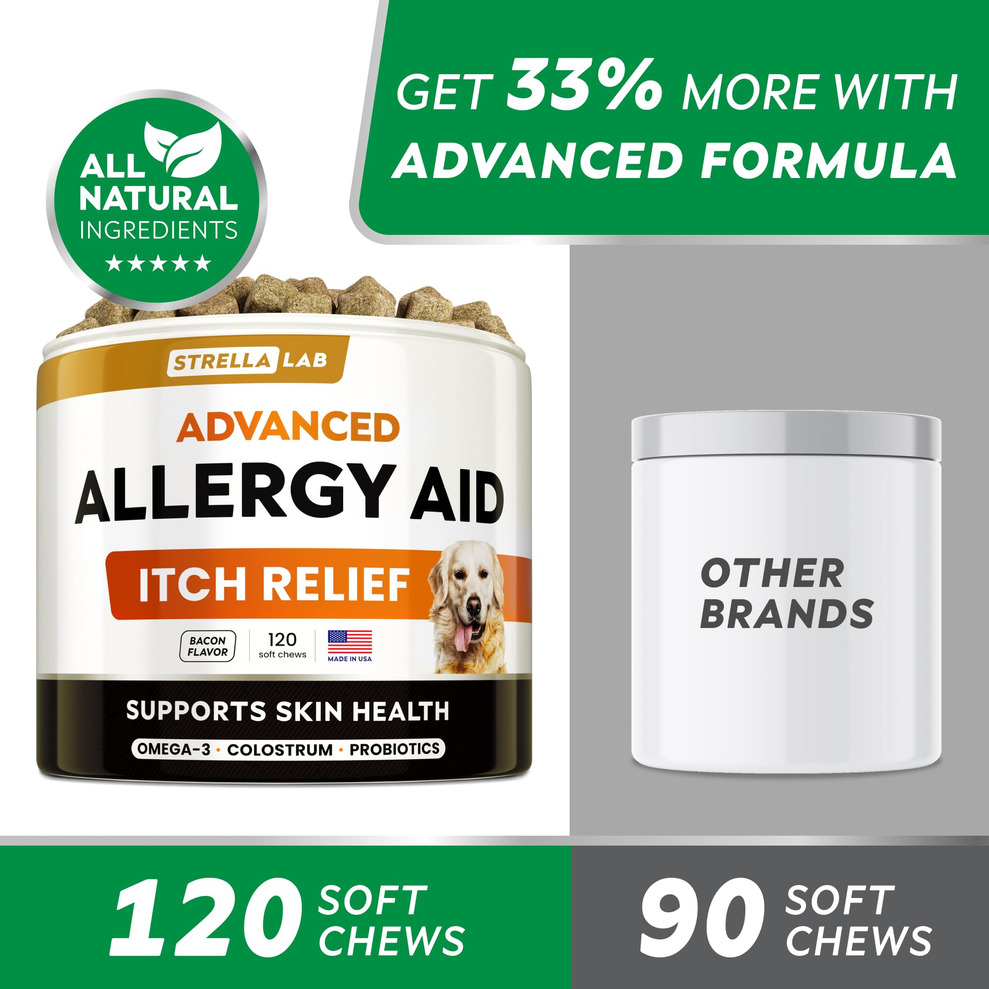 STRELLALAB Dog Allergy Relief Chews offered to a dog demonstrates routine daily supplementation.