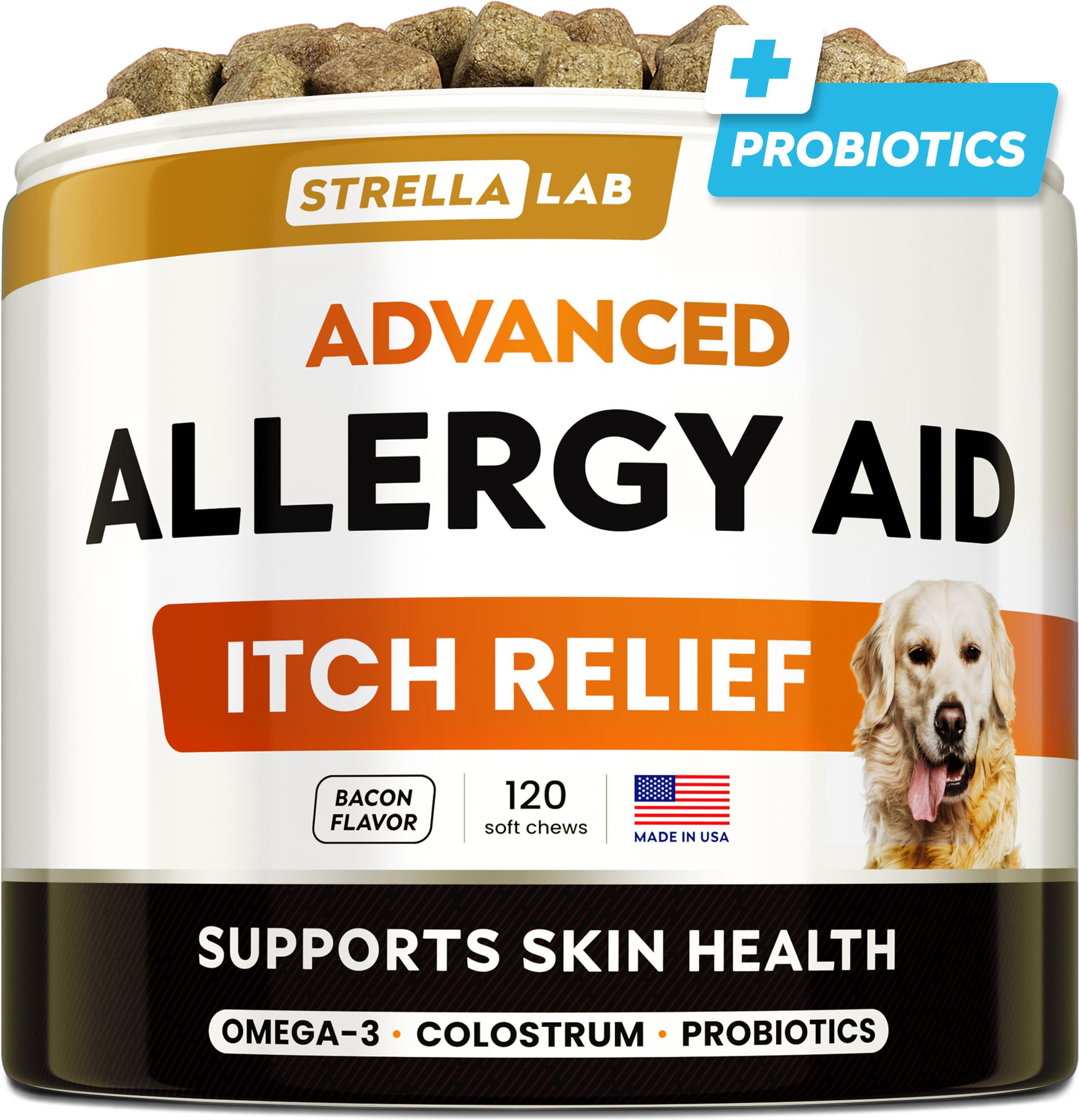 STRELLALAB Dog Allergy Relief Chews omega-3 packshot highlights premium ingredients for immune support.