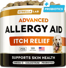 STRELLALAB Dog Allergy Relief Chews omega-3 packshot highlights premium ingredients for immune support.