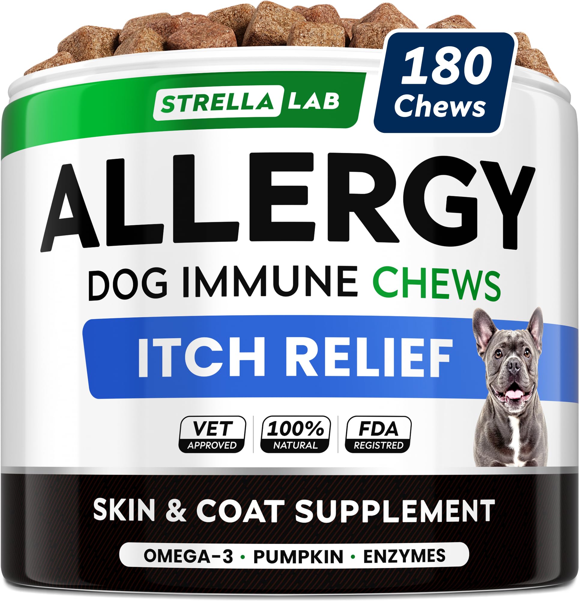 STRELLALAB StrellaLab dog allergy chews packaging front, easy-to-chew bites for itchy skin relief.