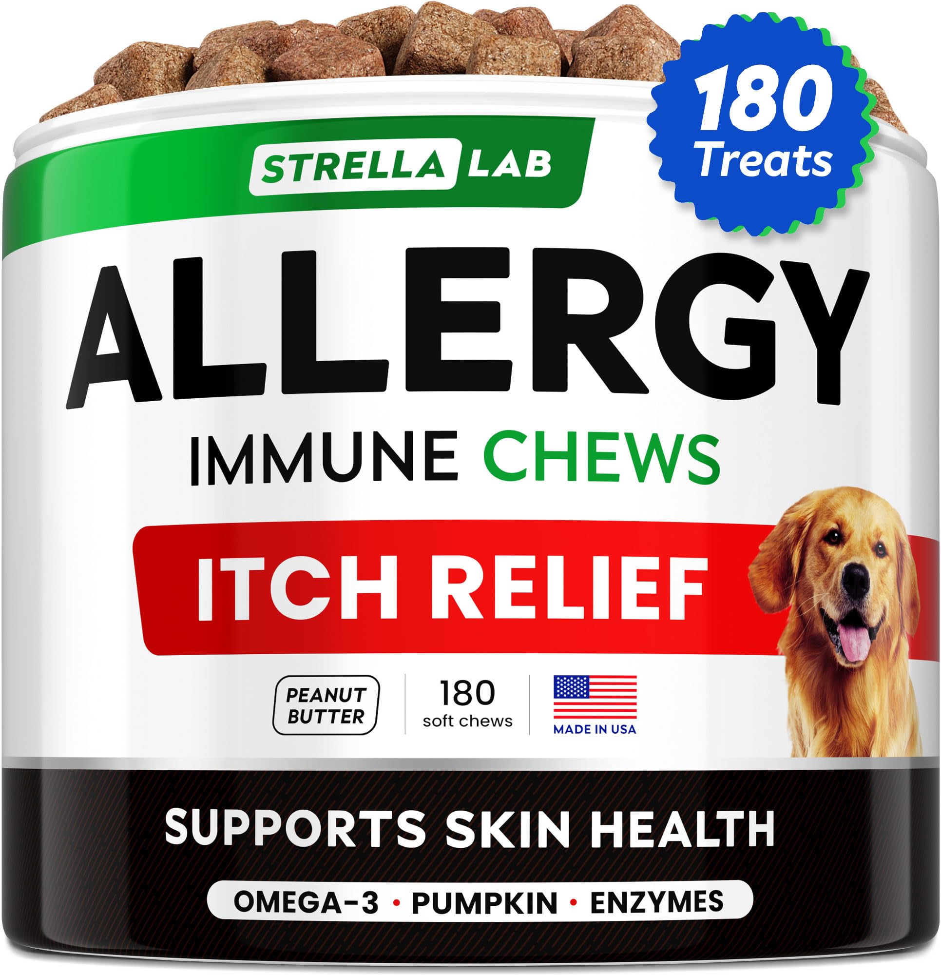 STRELLALAB dog allergy chews packaging shows USA-made quality and natural ingredients for skin support.
