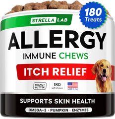 STRELLALAB dog allergy chews packaging shows USA-made quality and natural ingredients for skin support.