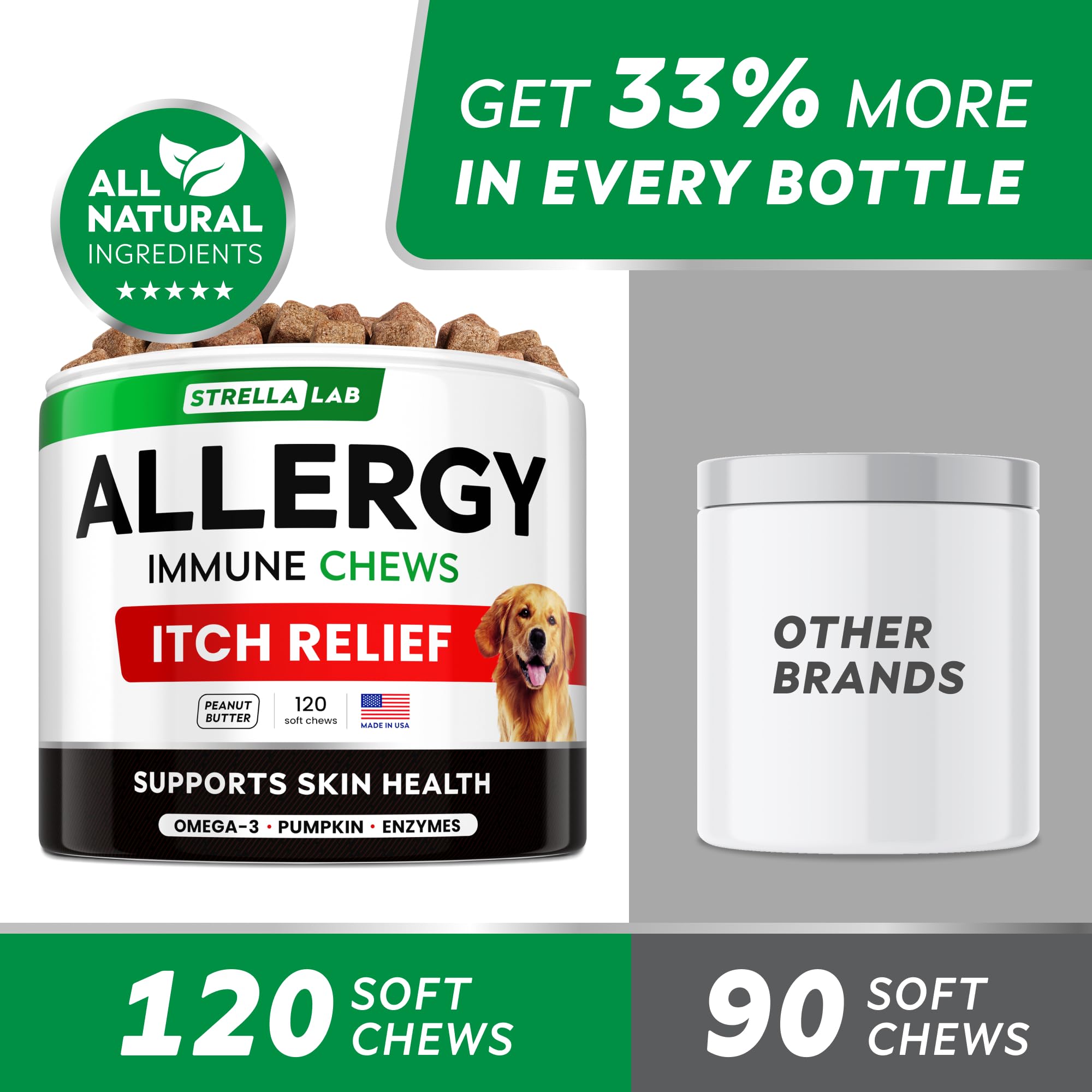 STRELLALAB dog-allergy-chews-pumpkin-enzyme: pumpkin and enzymes aid digestion and gut comfort.