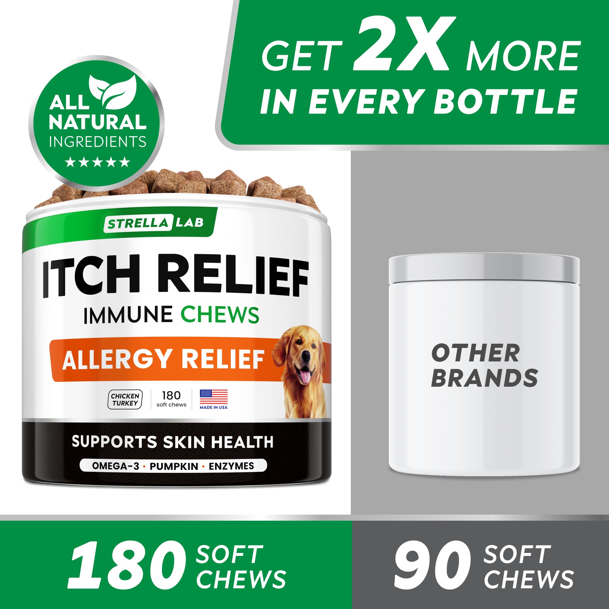 STRELLALAB dog allergy relief chews texture closeup shows small 2g bite for easy chewing.