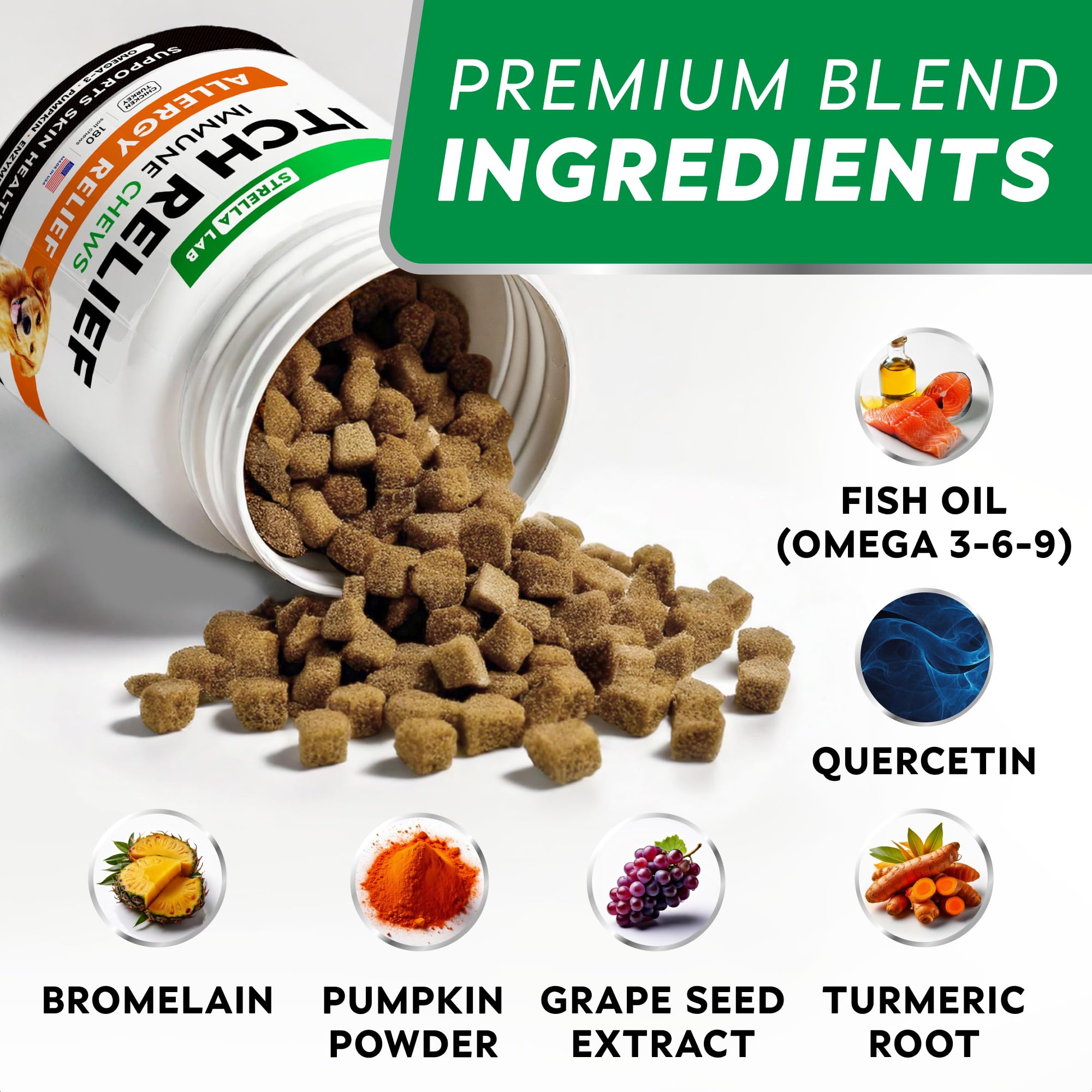 STRELLALAB dog allergy relief chews USA made bottle emphasizes safety and quality.