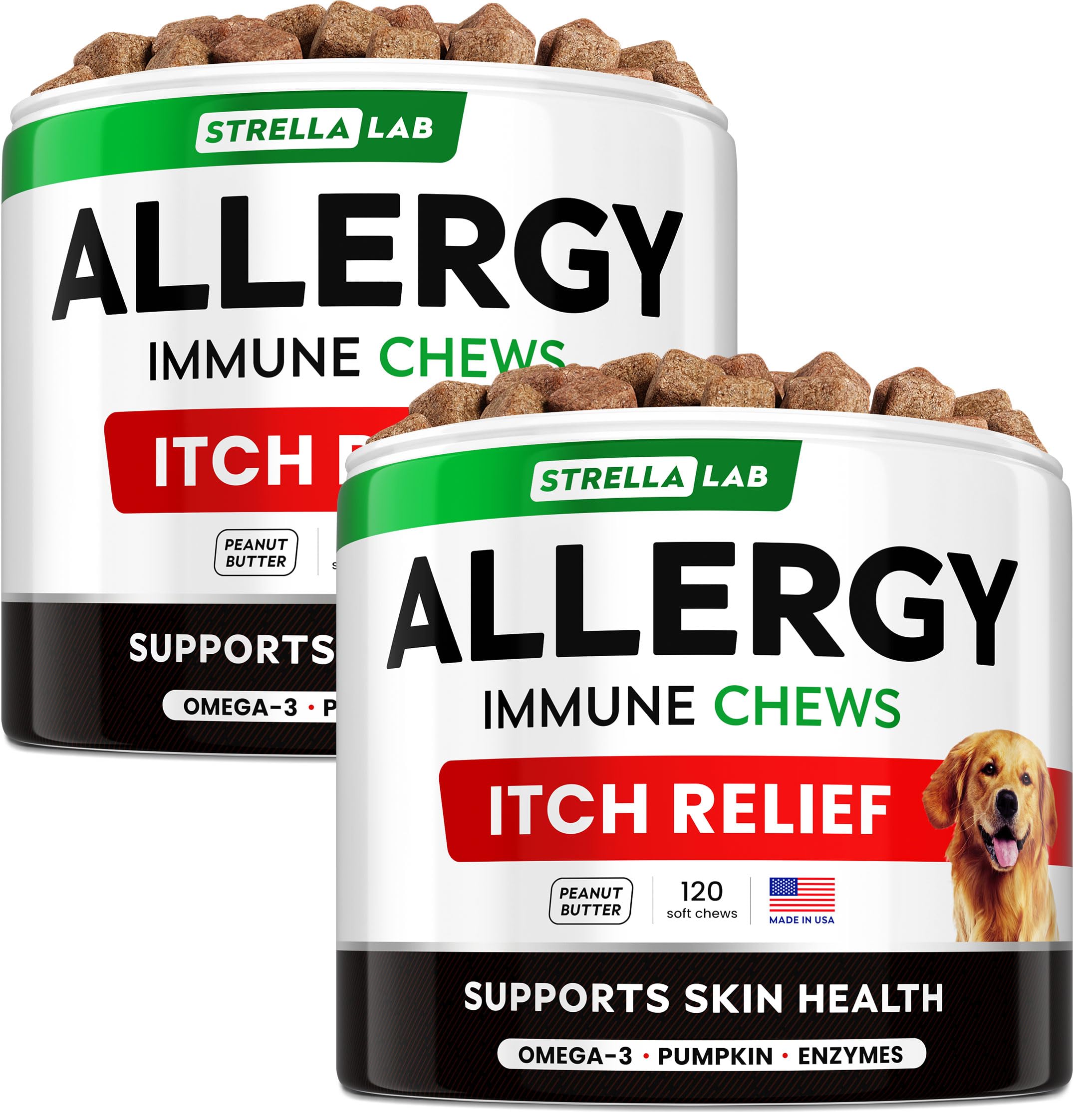 STRELLALAB Dog Allergy Relief Chews bottle front shows product branding and appeal.