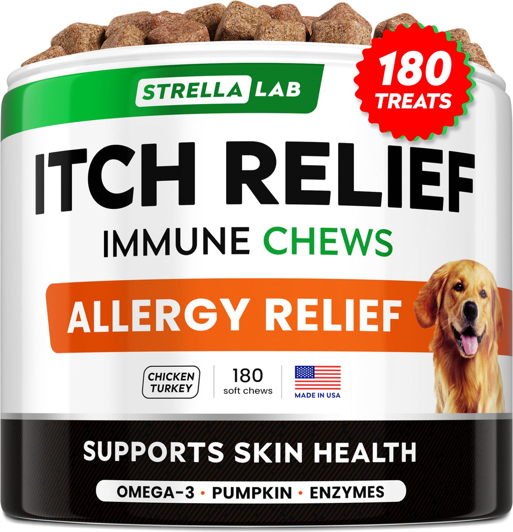 STRELLALAB dog allergy relief chews packaging shows natural ingredients for skin support.