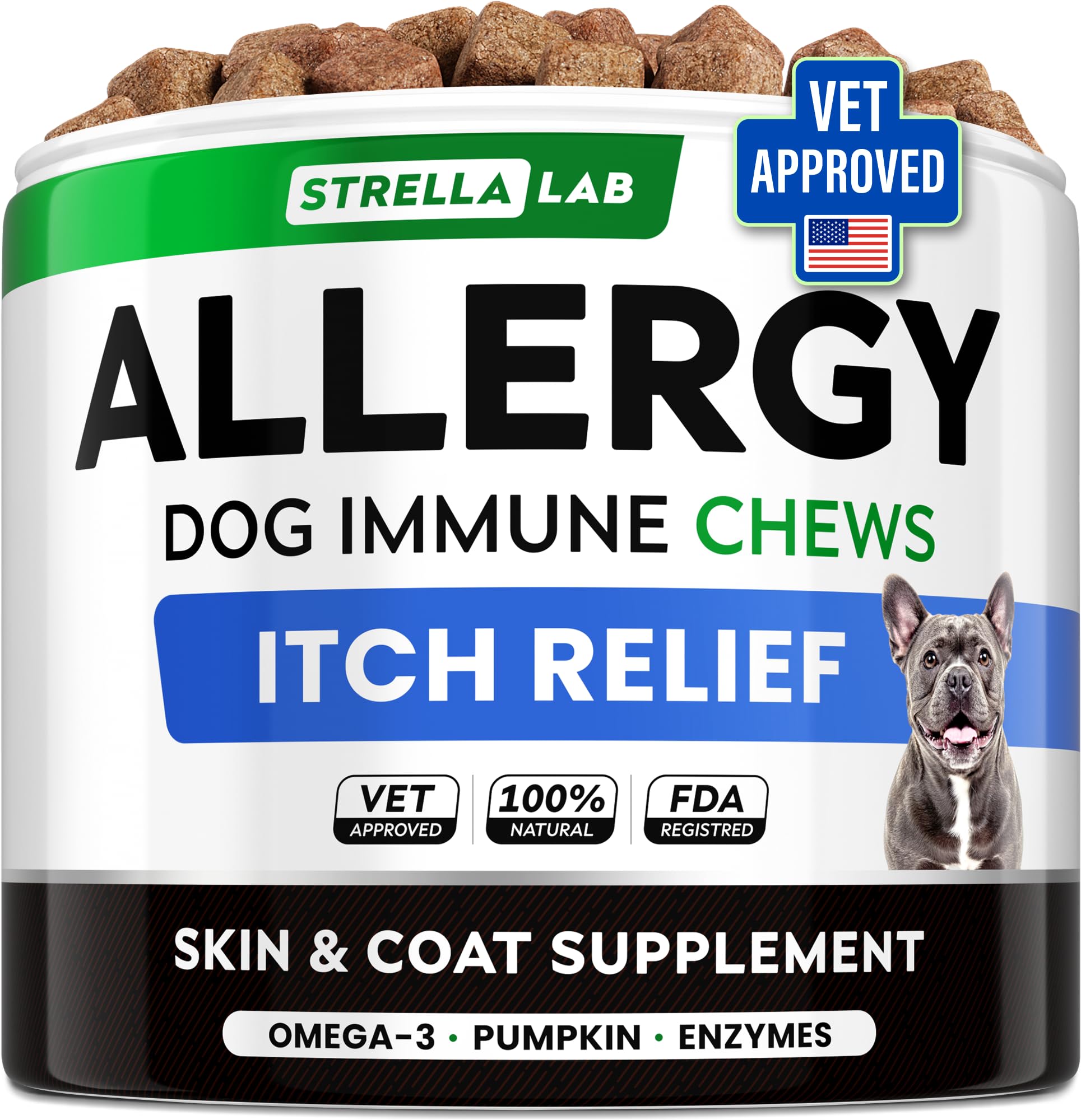 STRELLALAB dog allergy relief chews omega-3; soothing itchy skin.
