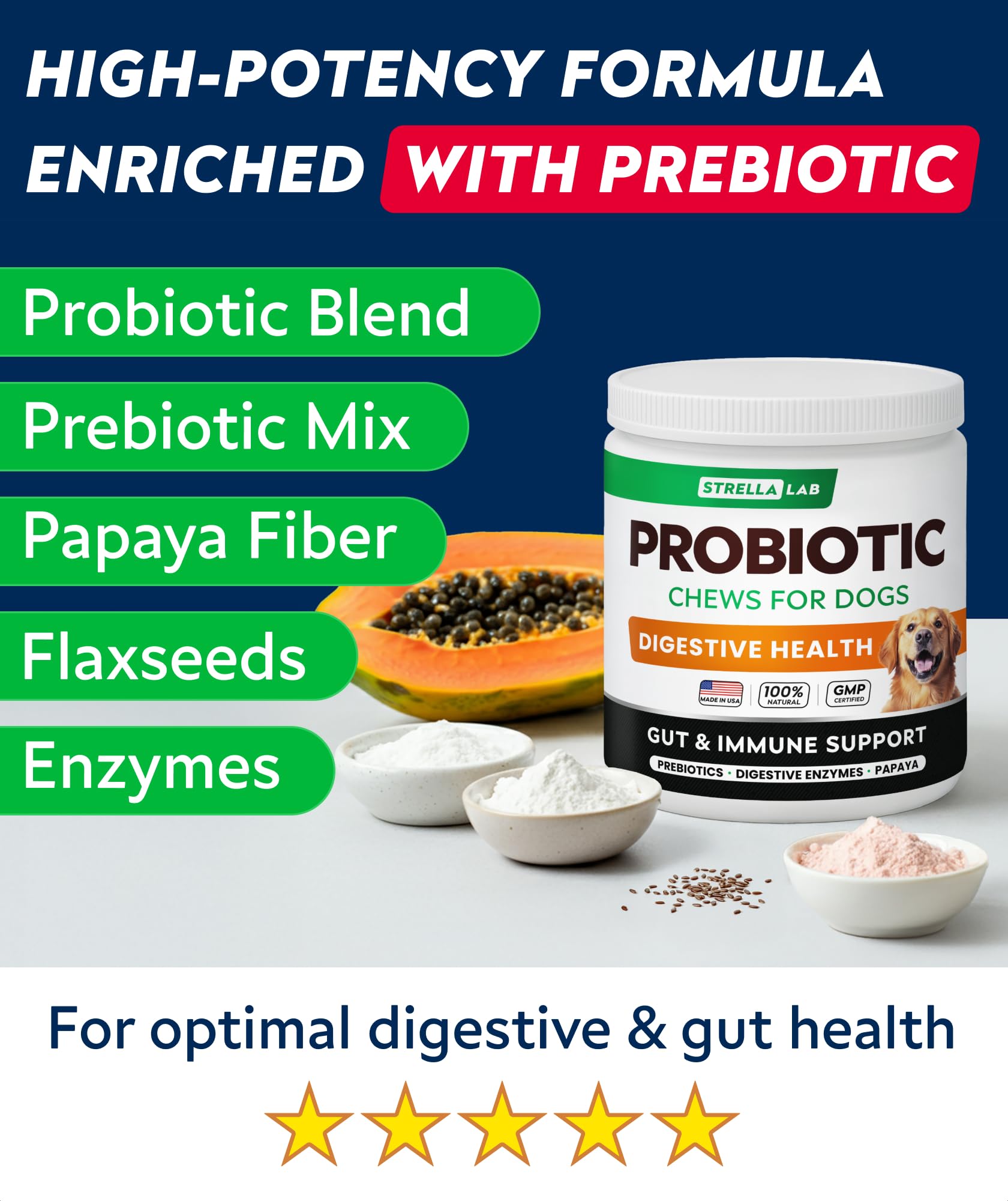 STRELLALAB Dog Probiotics Chews bacon-flavor chews appealing to dogs during meals.