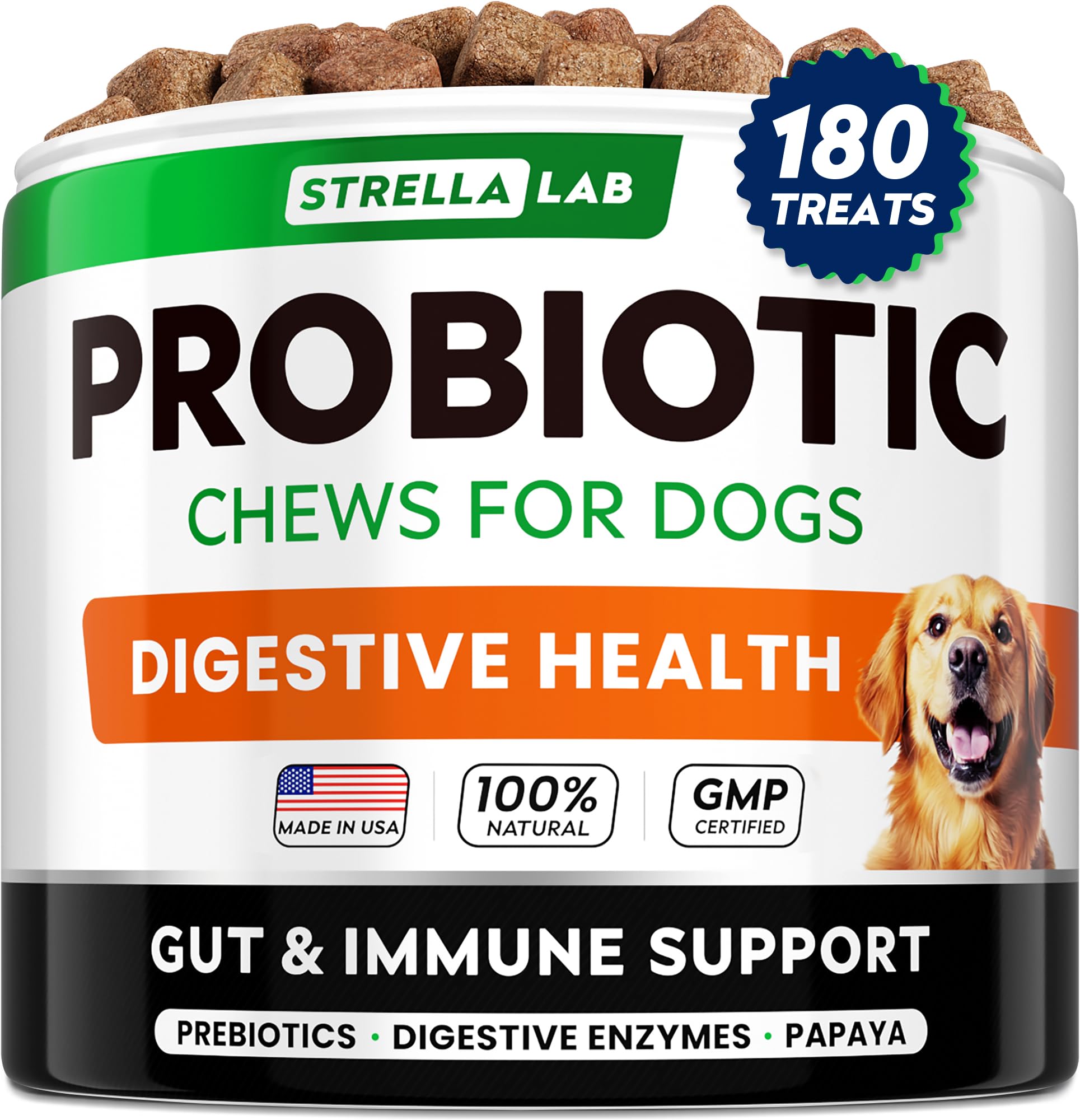 STRELLALAB Dog Probiotics Chews bottle showcases bacon flavor for easy daily gut support.