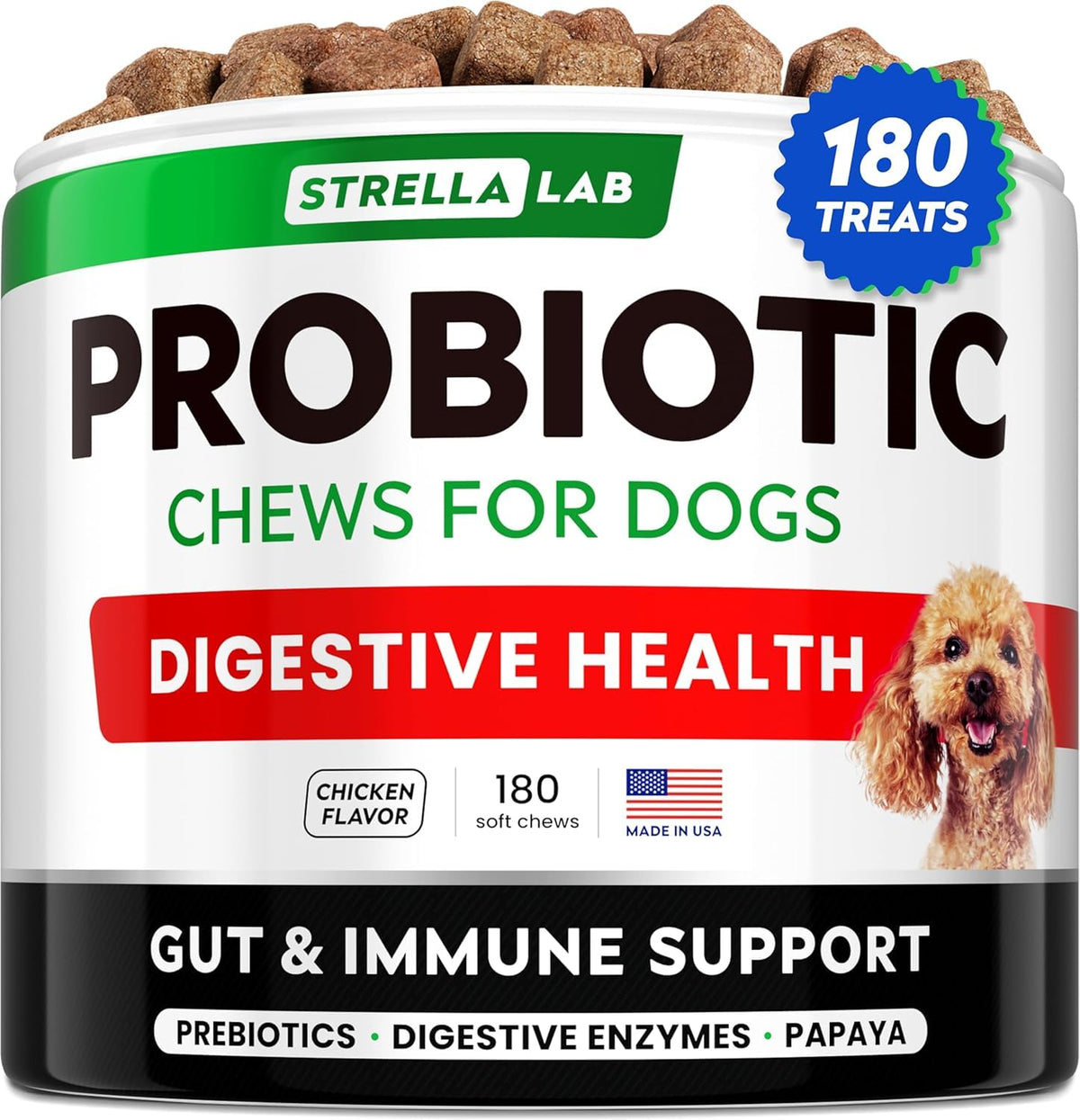 STRELLALAB dog probiotics chews enzyme bottle supports daily digestion